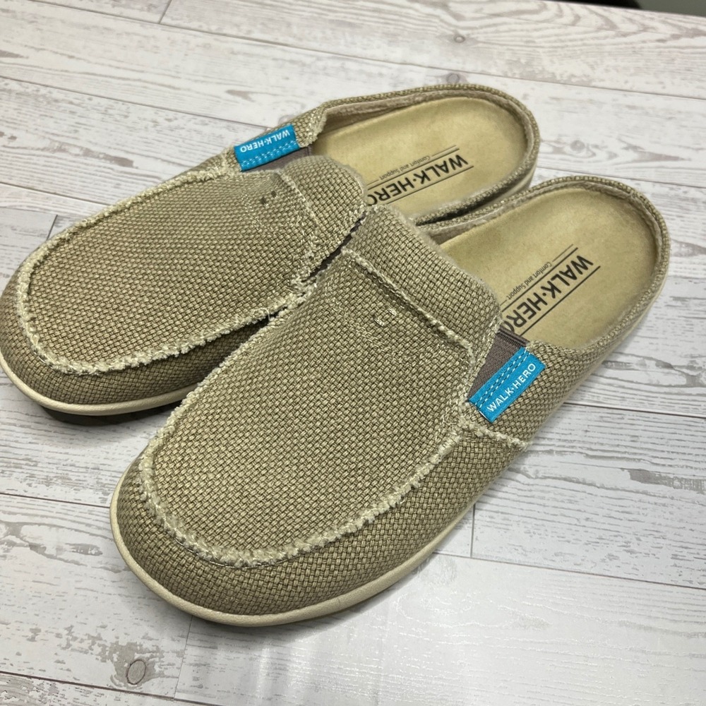 Walk Hero Womens 8 Slip On Open Back Beige Canvas Ortho Comfort Shoes Travel